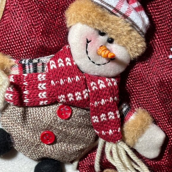 Red Christmas Stocking 17" With Snowman Applique & Plaid Cuff Festive Holiday De - Picture 5 of 6